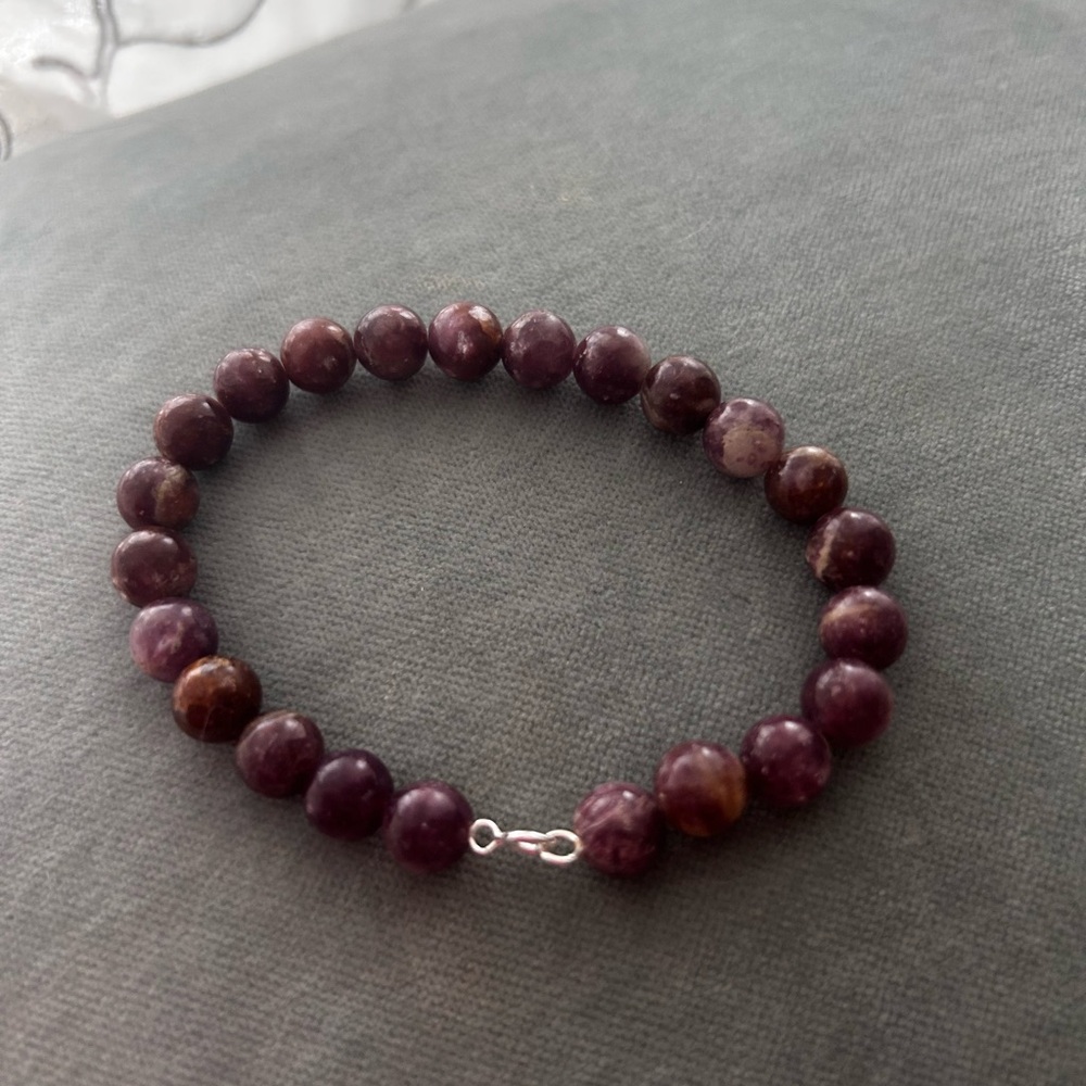 Sterling Silver Lepidolite Gemstone Beaded Bracelet Polished NWOT 925